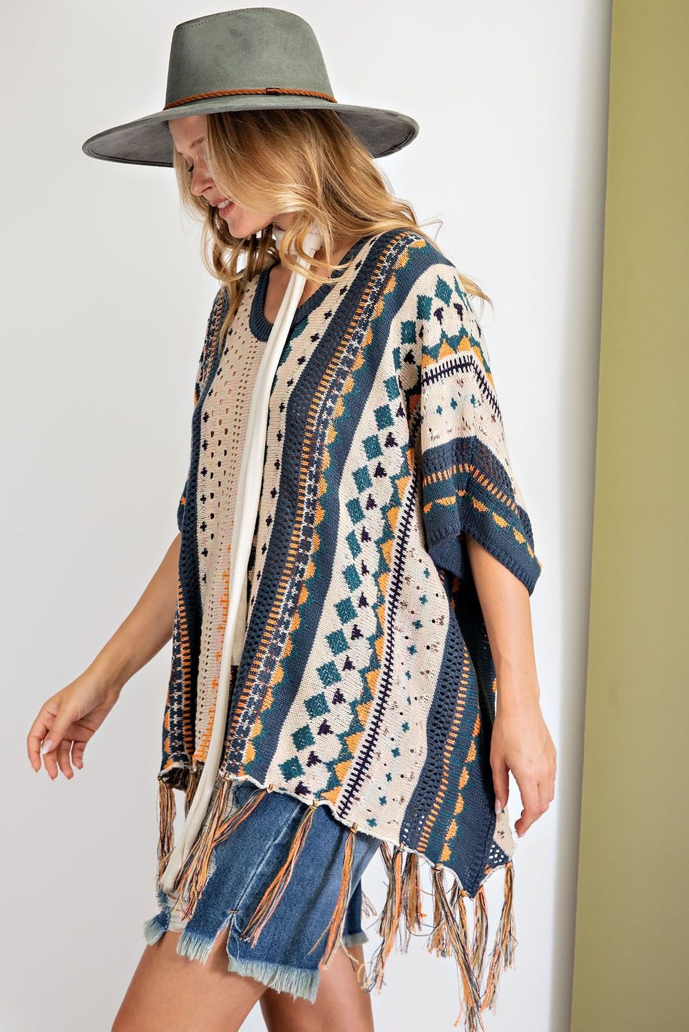 Been a while multi-color Knitted Poncho Sweater Ivy and Pearl Boutique