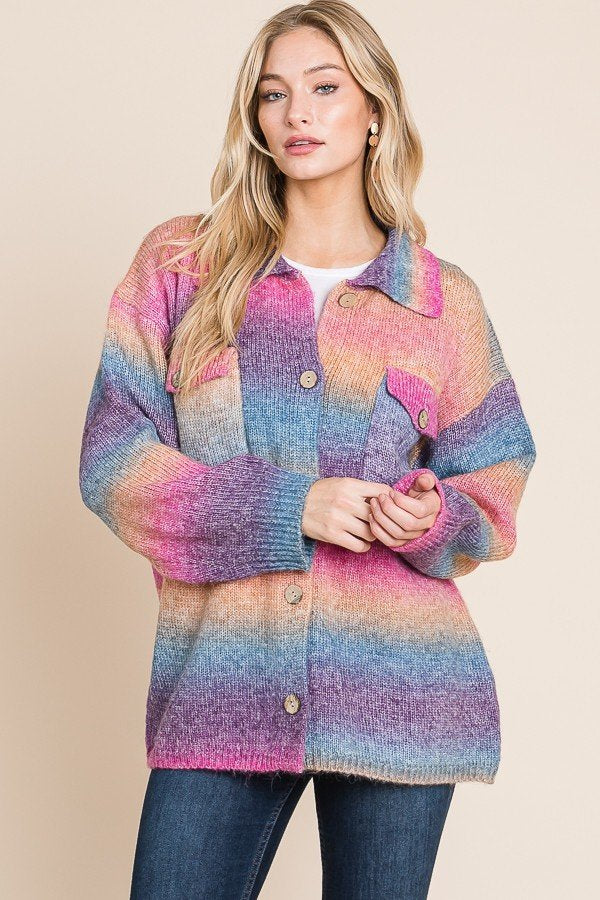 Multicolored knit sweater button down shacket with front pocket Ivy and Pearl Boutique