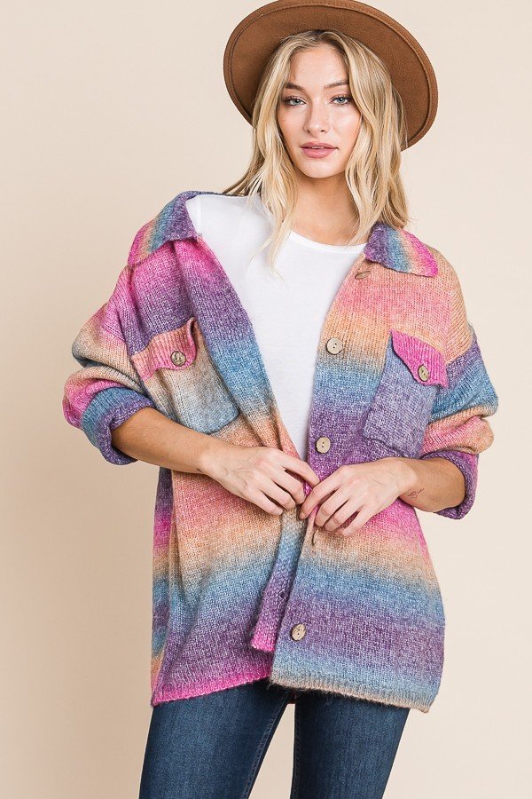Multicolored knit sweater button down shacket with front pocket Ivy and Pearl Boutique