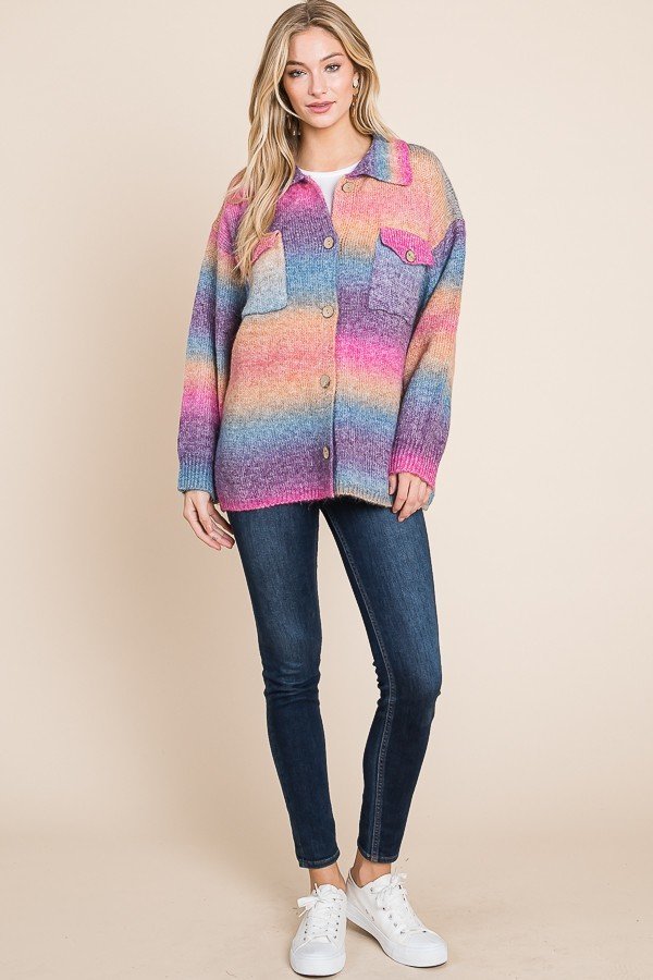 Multicolored knit sweater button down shacket with front pocket Ivy and Pearl Boutique