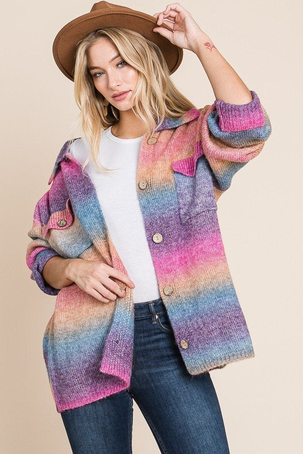 Multicolored knit sweater button down shacket with front pocket Ivy and Pearl Boutique