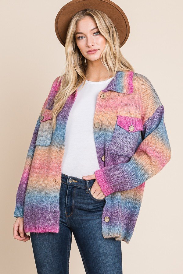 Multicolored knit sweater button down shacket with front pocket Ivy and Pearl Boutique