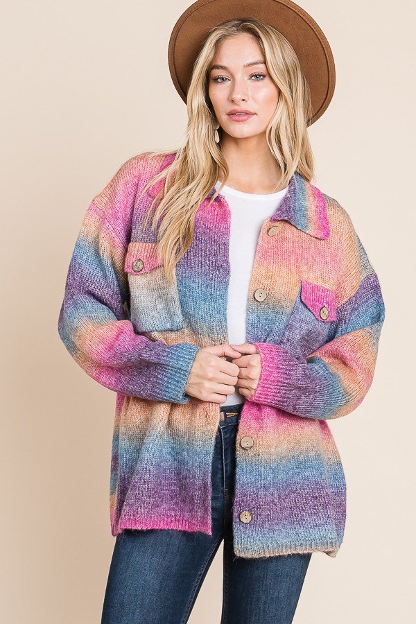Multicolored knit sweater button down shacket with front pocket Ivy and Pearl Boutique Pink S