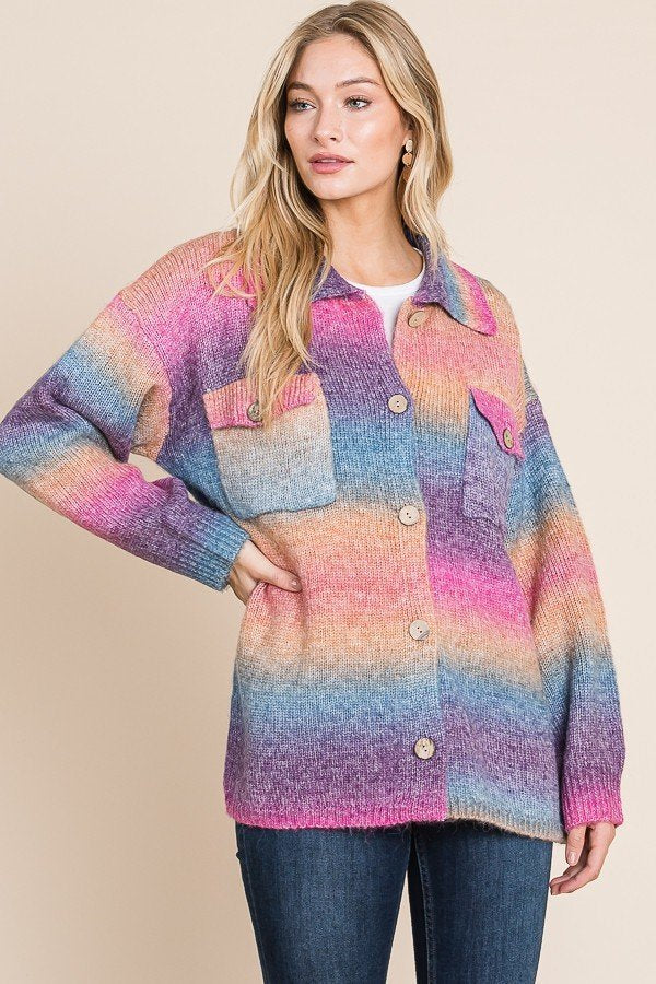Multicolored knit sweater button down shacket with front pocket Ivy and Pearl Boutique
