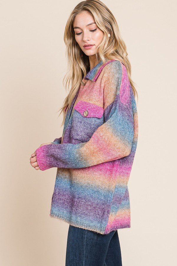 Multicolored knit sweater button down shacket with front pocket Ivy and Pearl Boutique