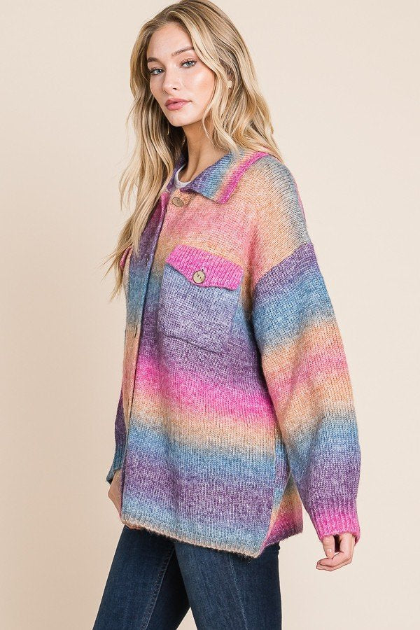 Multicolored knit sweater button down shacket with front pocket Ivy and Pearl Boutique