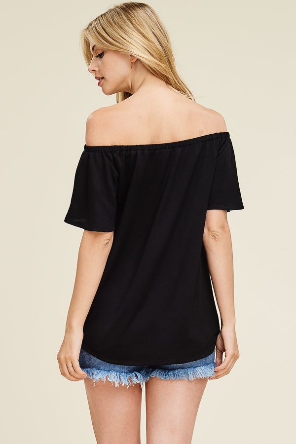 Off the shoulder solid knit top with self tie knot Ivy and Pearl Boutique