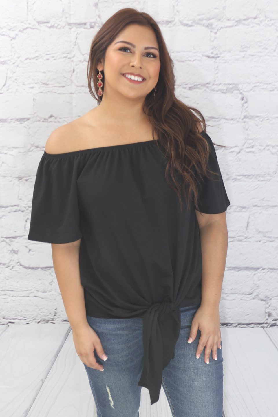 Off the shoulder solid knit top with self tie knot Ivy and Pearl Boutique