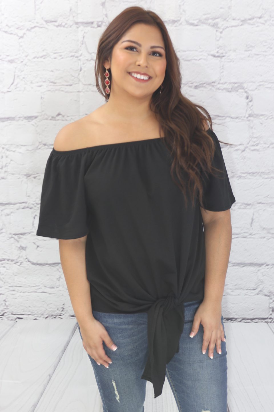 Off the shoulder solid knit top with self tie knot Ivy and Pearl Boutique