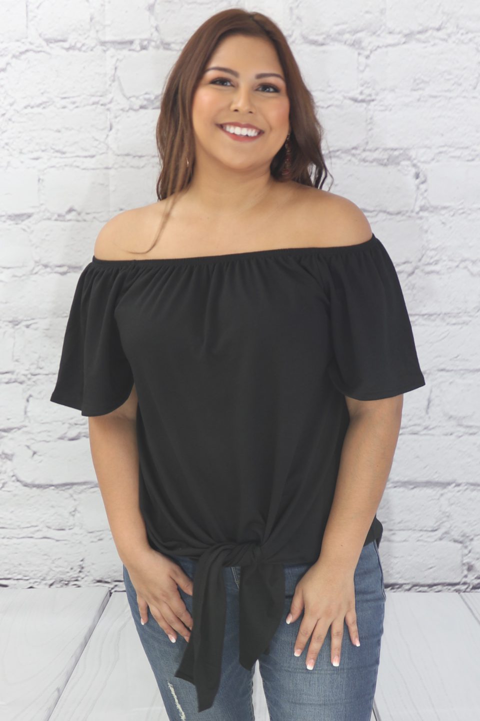 Off the shoulder solid knit top with self tie knot Ivy and Pearl Boutique