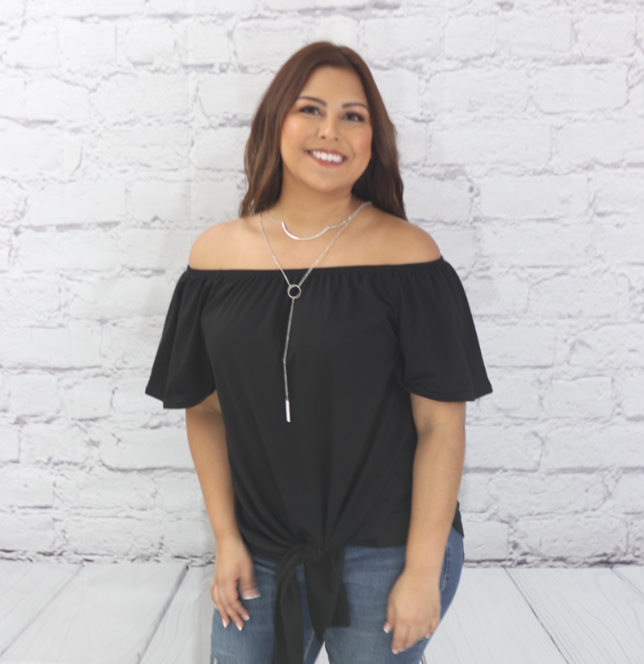Off the shoulder solid knit top with self tie knot Ivy and Pearl Boutique