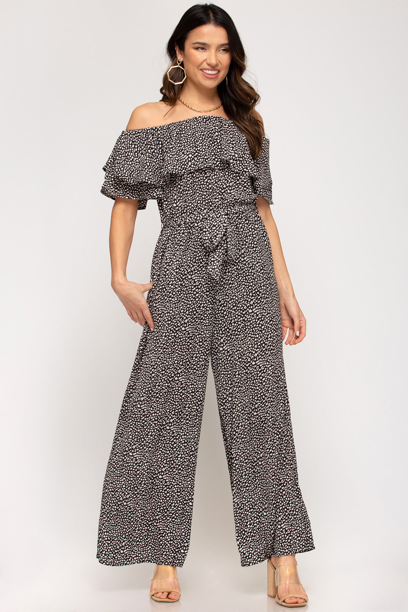Off-the-shoulder ruffled woven printed jumpsuit with waist sash and lining Ivy and Pearl Boutique S Black