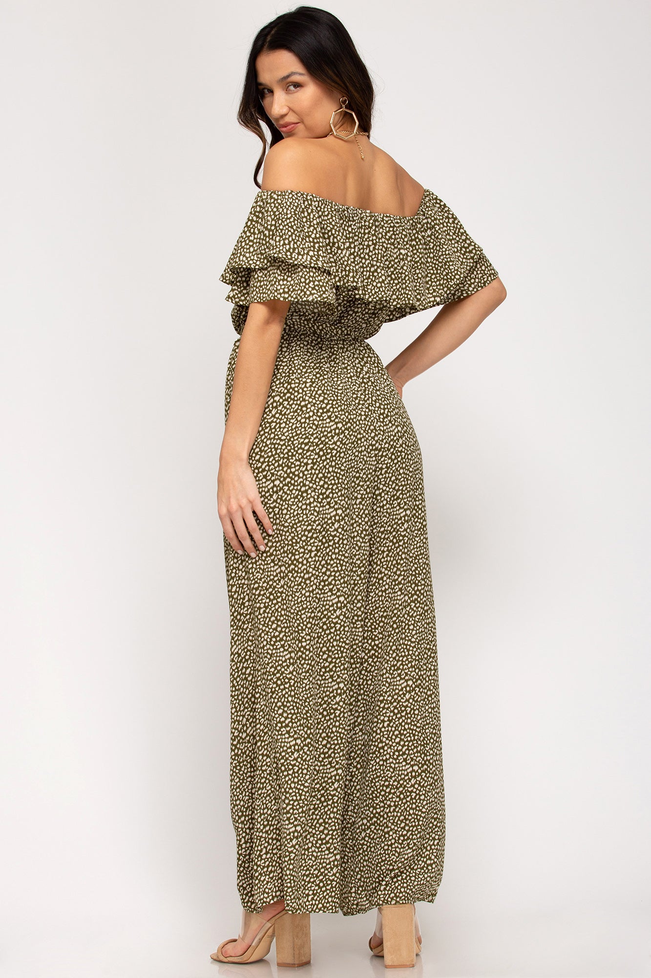Off-the-shoulder ruffled woven printed jumpsuit with waist sash and lining Ivy and Pearl Boutique