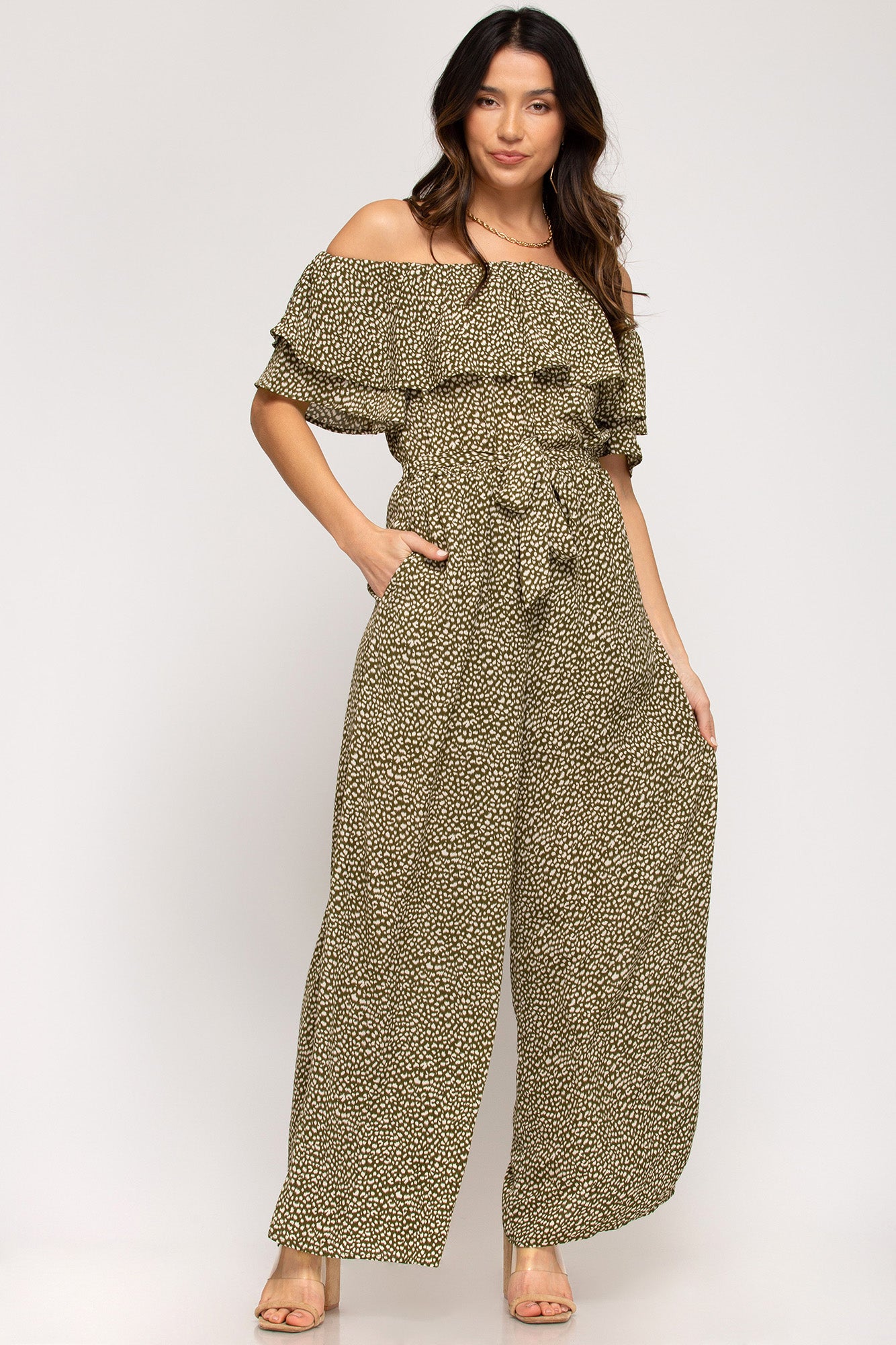 Off-the-shoulder ruffled woven printed jumpsuit with waist sash and lining Ivy and Pearl Boutique