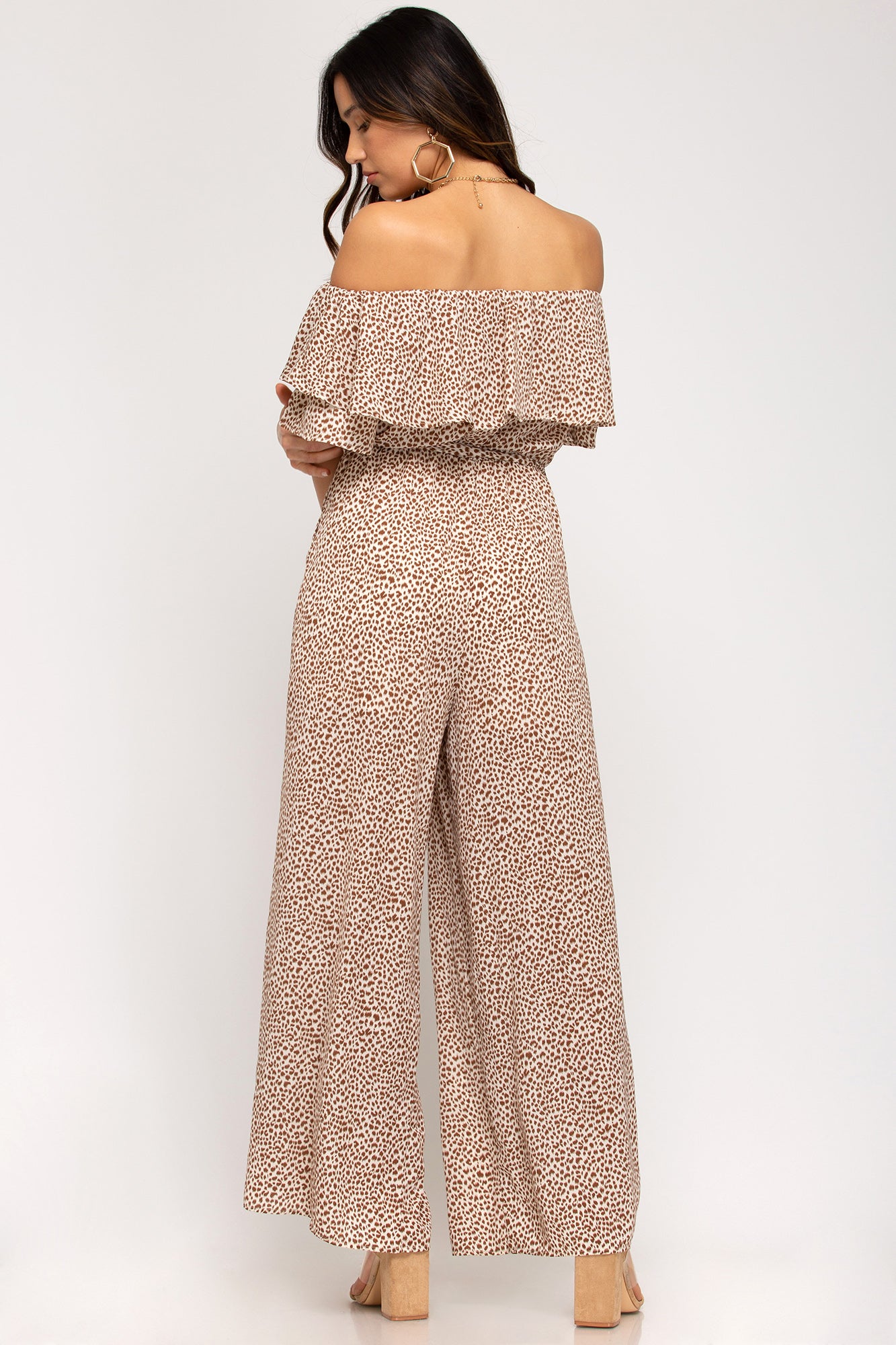 Off-the-shoulder ruffled woven printed jumpsuit with waist sash and lining  Ivy and Pearl Boutique   