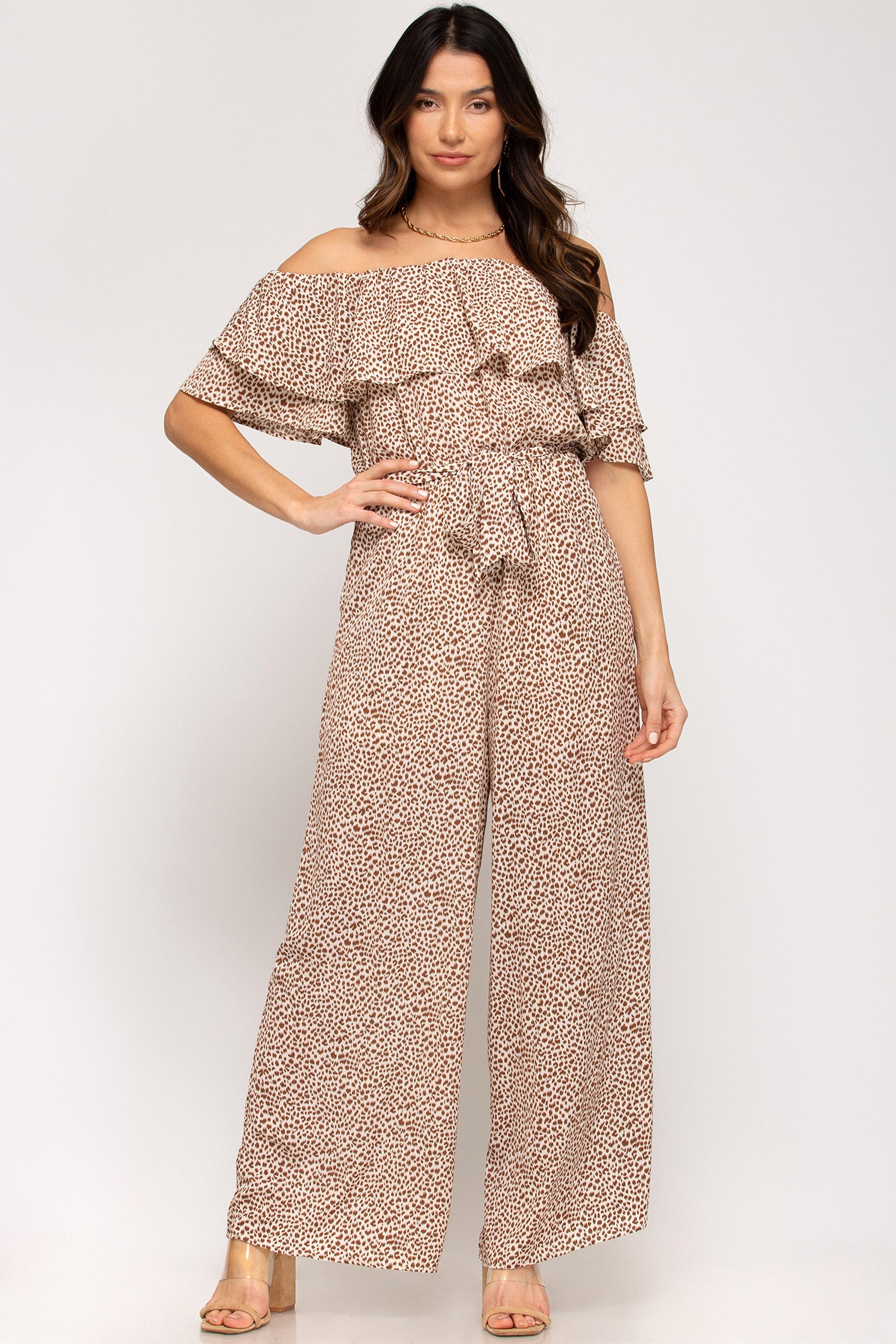 Off-the-shoulder ruffled woven printed jumpsuit with waist sash and lining Ivy and Pearl Boutique S Light Taupe