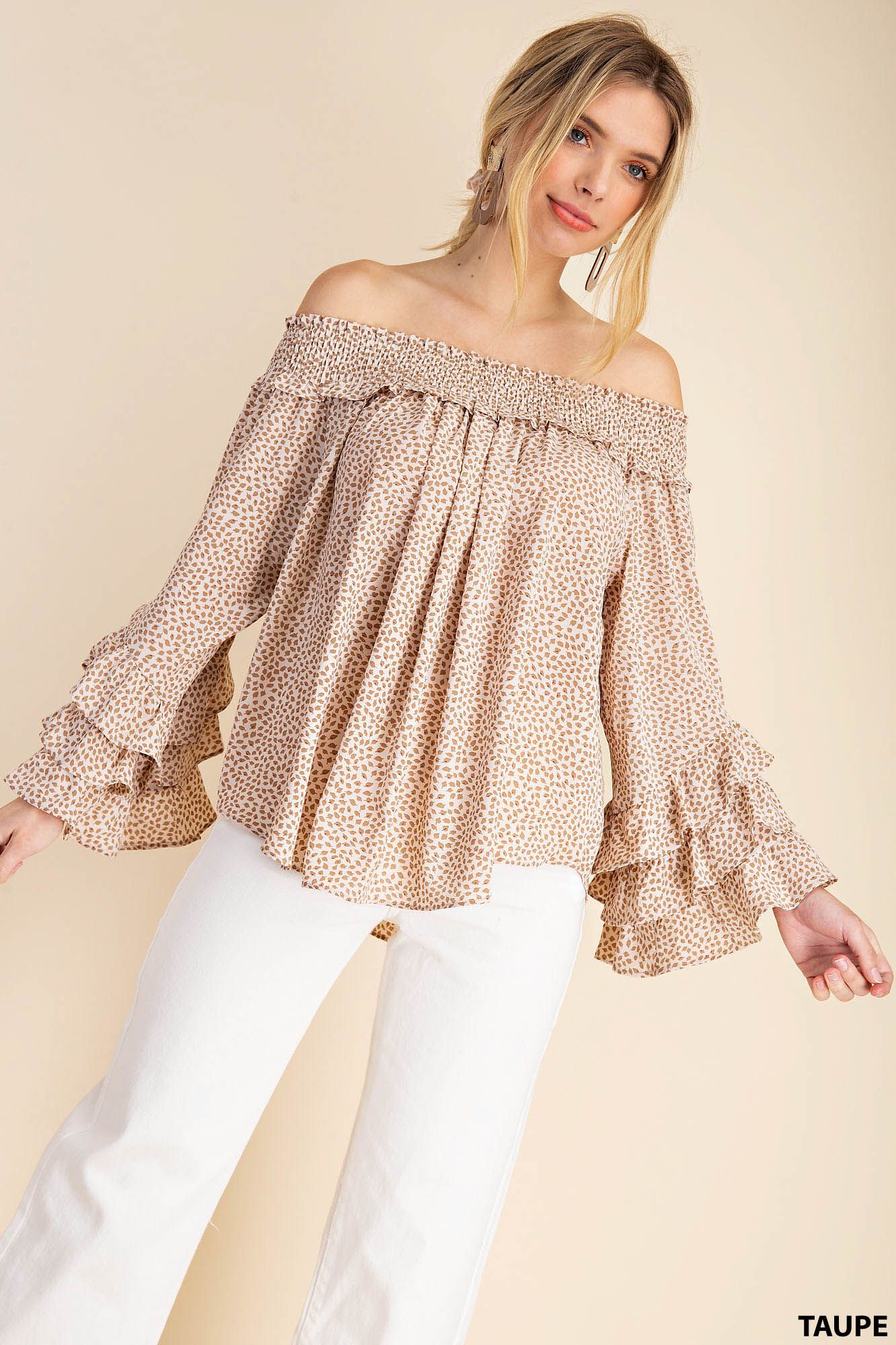 Off-the-shoulder tiered long sleeve blouse Ivy and Pearl Boutique Taupe S