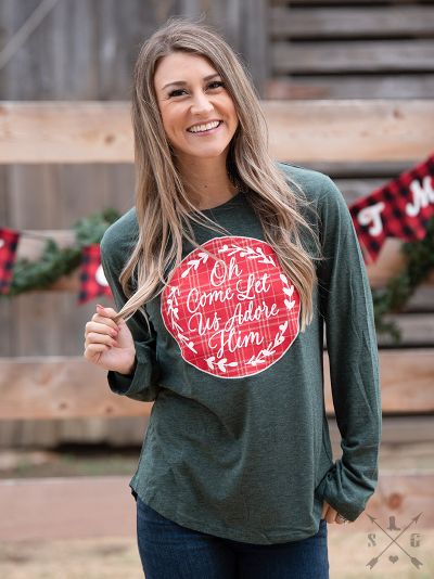 Oh Come Let Us Adore Him Patch long sleeve Tee Ivy and Pearl Boutique Dark Green S