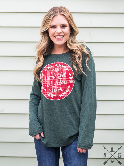 Oh Come Let Us Adore Him Patch long sleeve Tee Ivy and Pearl Boutique