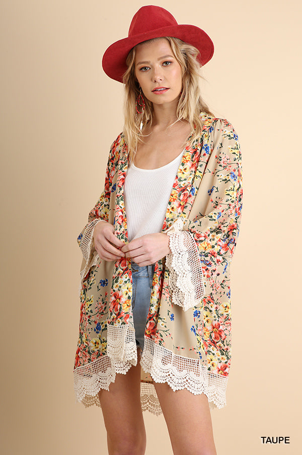 Open Front Flower Bomb Kimono with Lace Trim Ivy and Pearl Boutique Taupe M/L