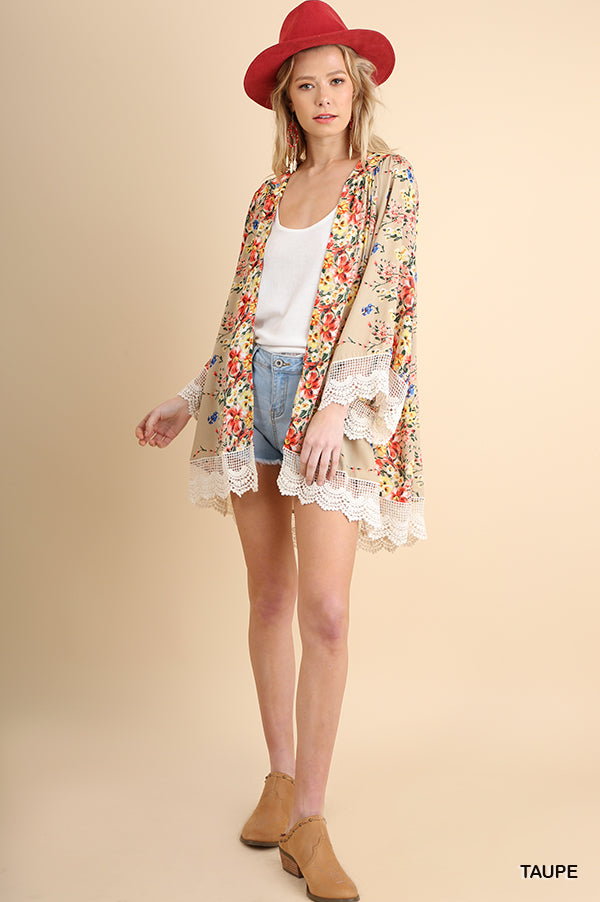 Open Front Flower Bomb Kimono with Lace Trim Ivy and Pearl Boutique
