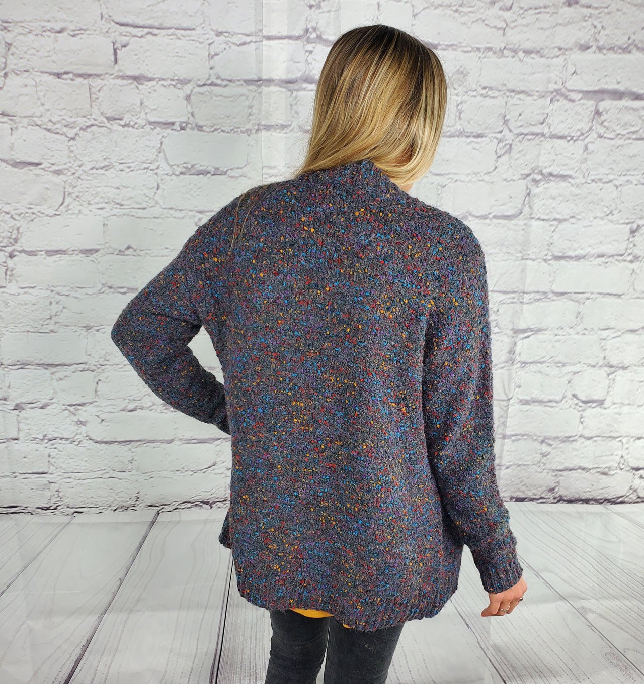 Open front rib banded long sleeve color speckled cardigan Ivy and Pearl Boutique