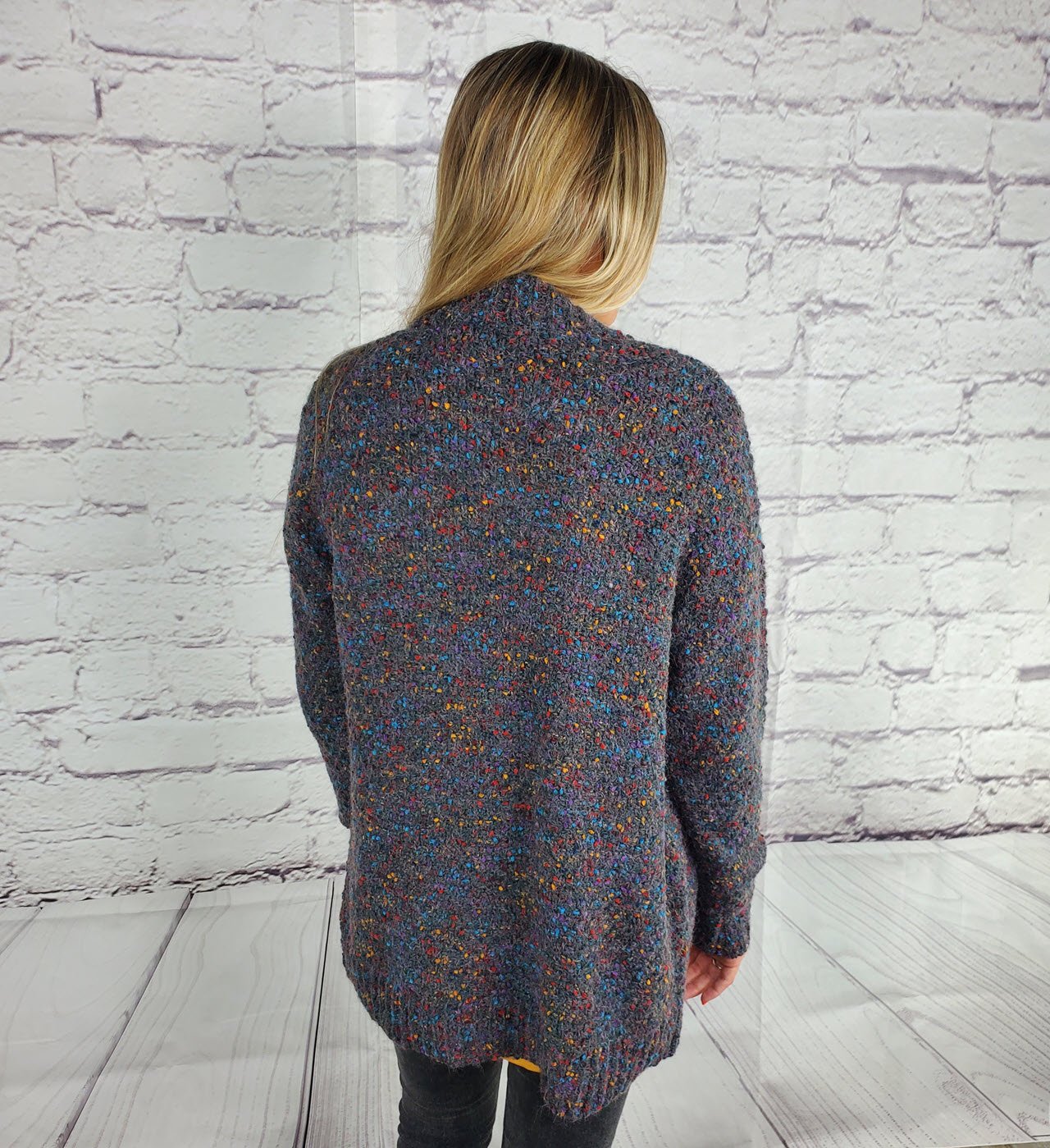 Open front rib banded long sleeve color speckled cardigan Ivy and Pearl Boutique