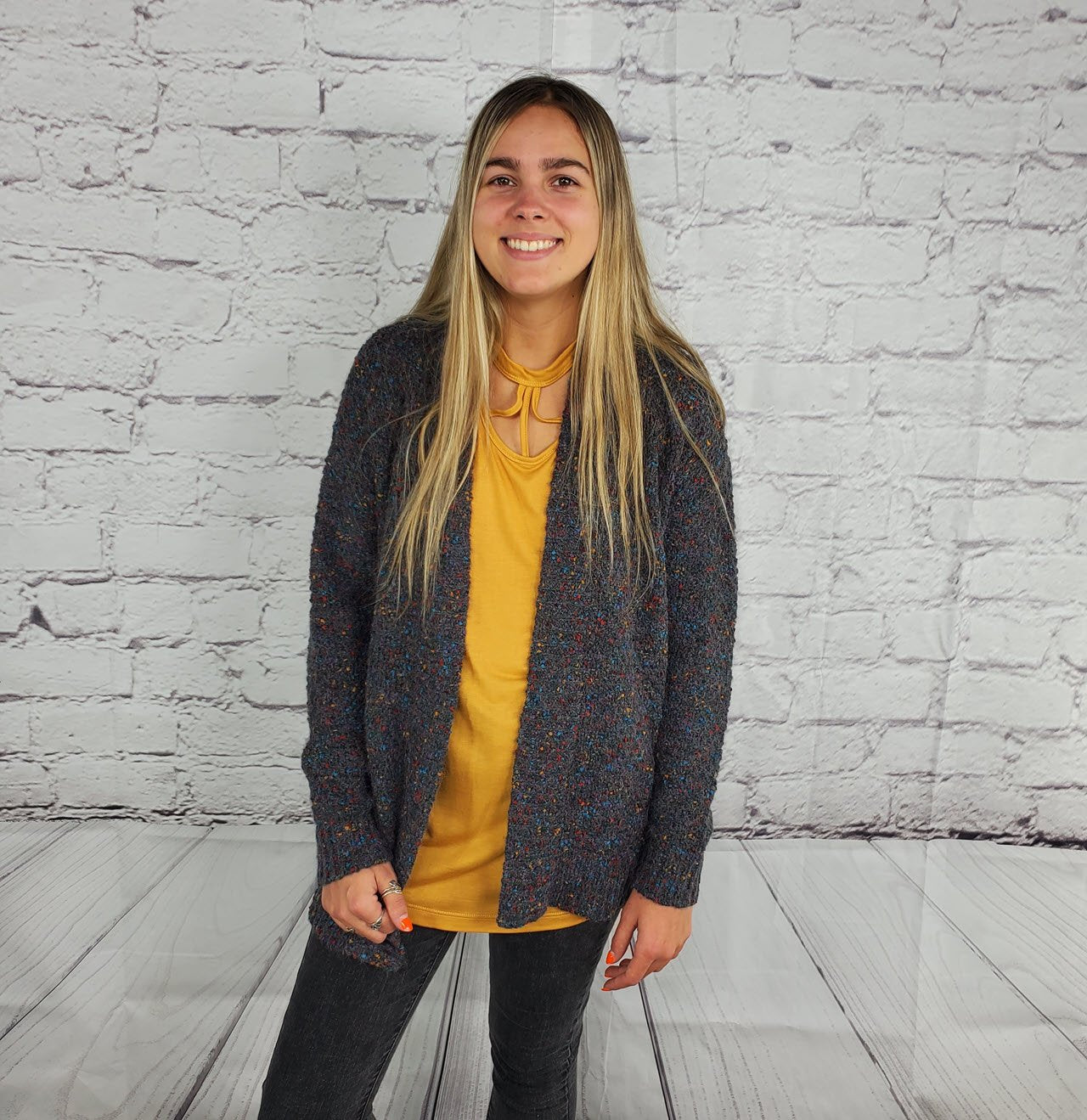 Open front rib banded long sleeve color speckled cardigan Ivy and Pearl Boutique