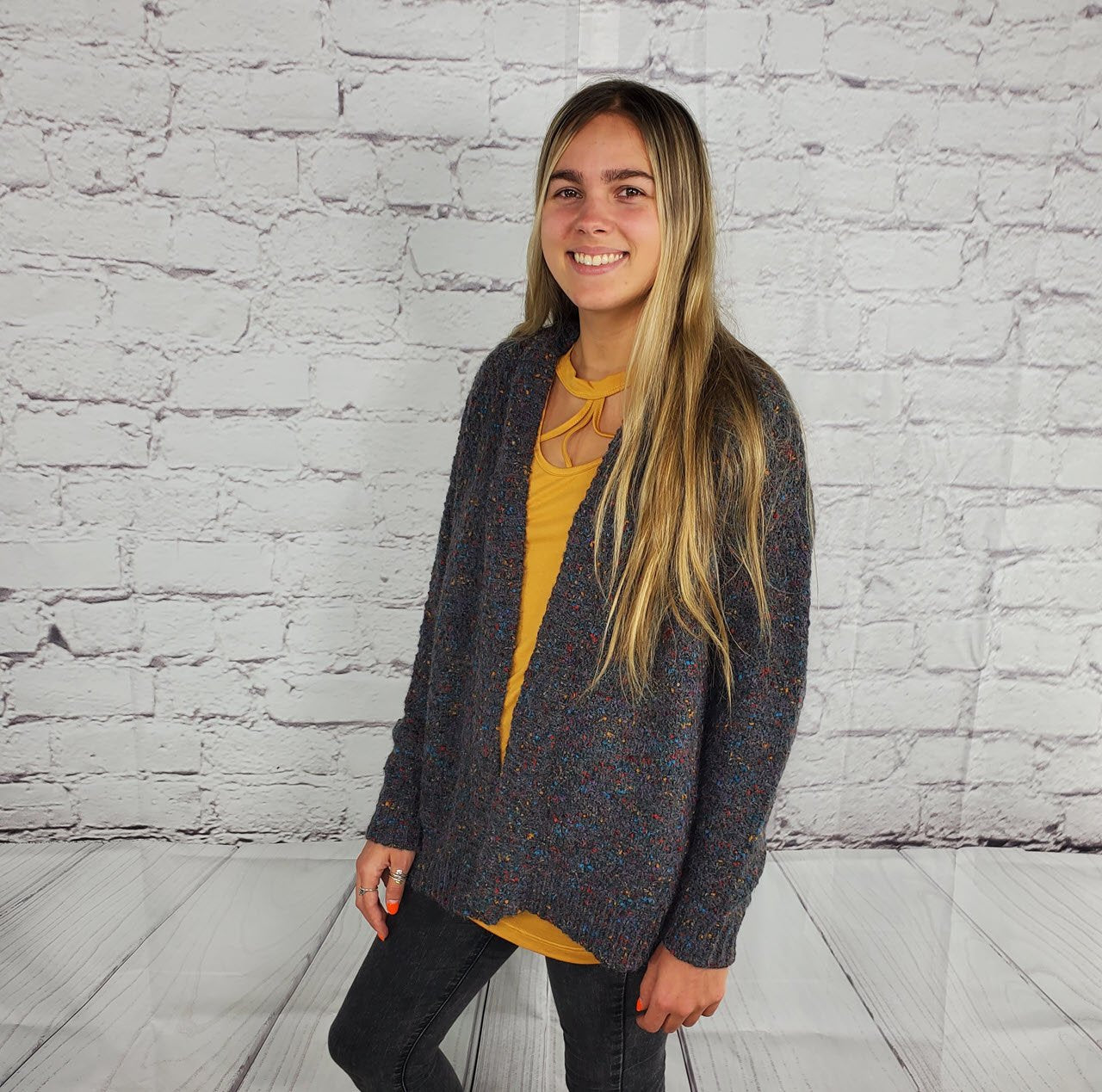 Open front rib banded long sleeve color speckled cardigan Ivy and Pearl Boutique S