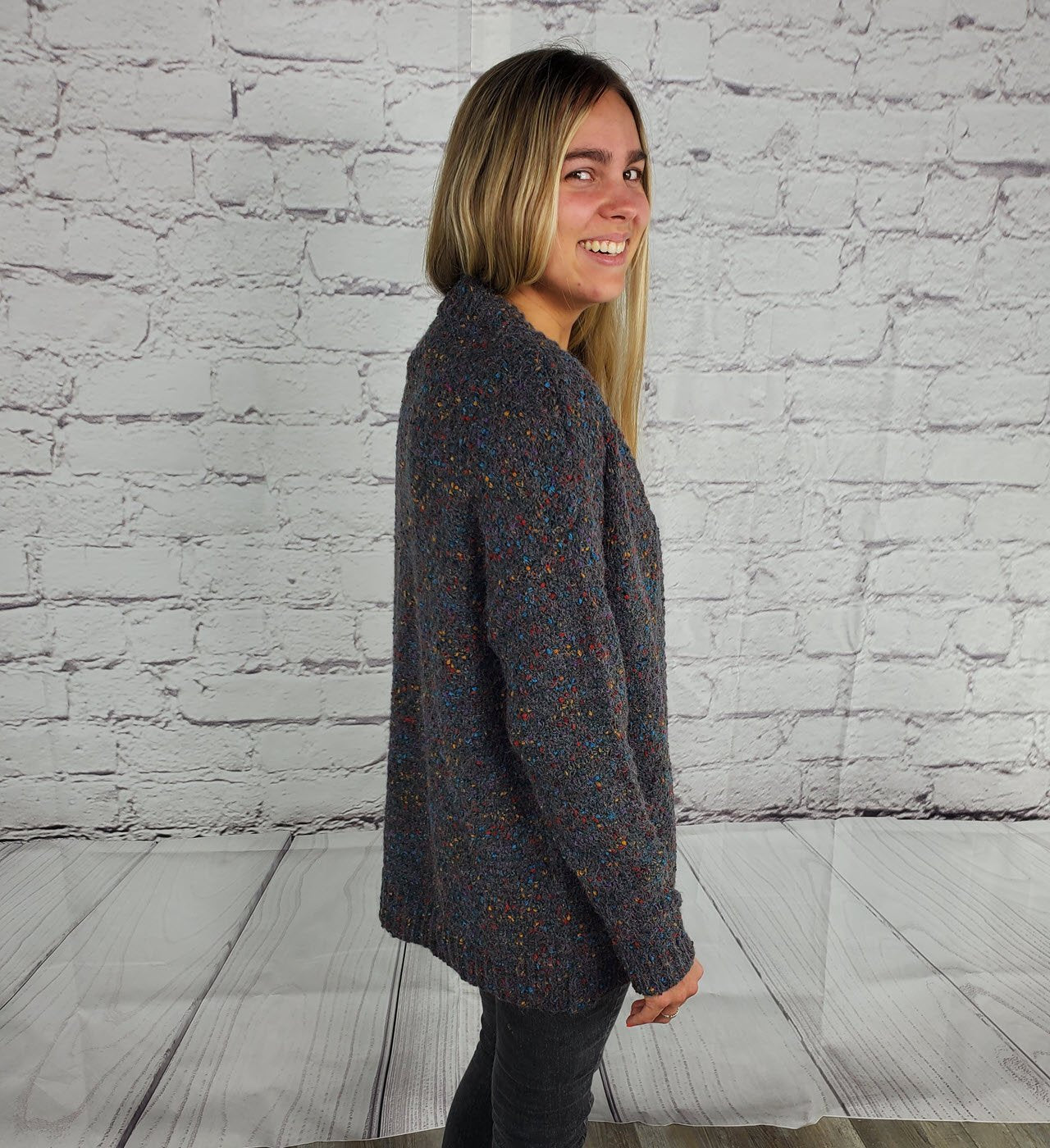 Open front rib banded long sleeve color speckled cardigan Ivy and Pearl Boutique