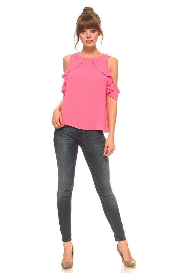 Open-shouder, short flutter sleeves woven top Ivy and Pearl Boutique