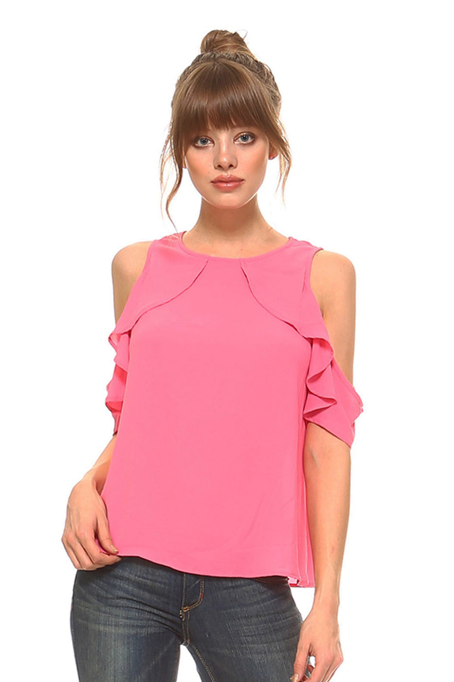 Open-shouder, short flutter sleeves woven top Ivy and Pearl Boutique Bubblegum Pink S