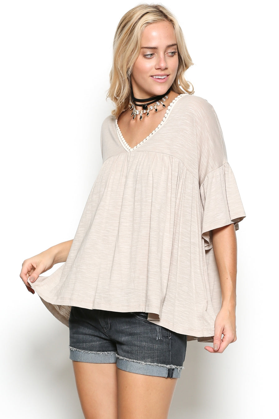 Delicate casual ruffle tunic with lace detail and half dolman sleeve Ivy and Pearl Boutique