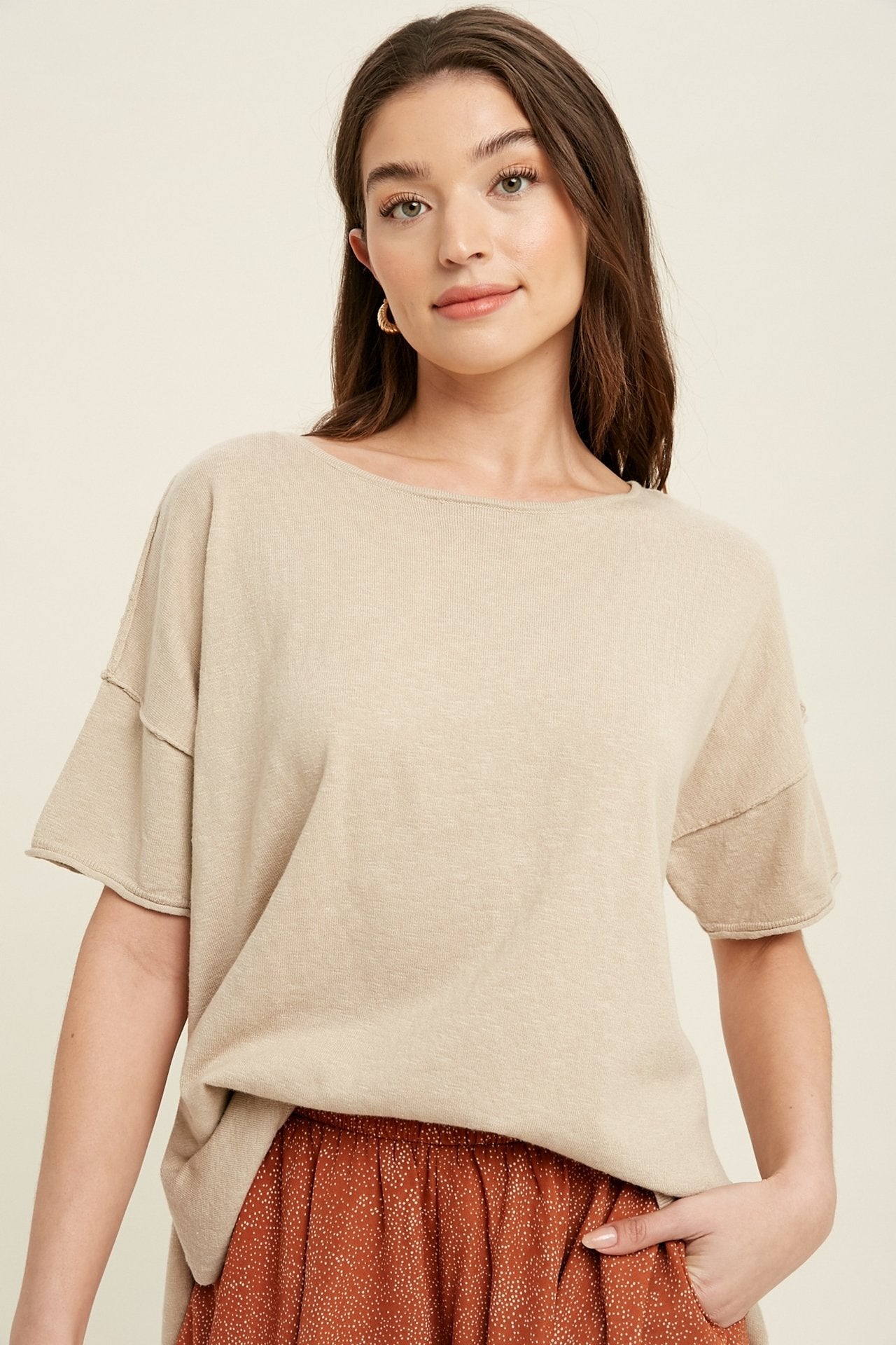 Oversized drop shoulder slub knit top with side slit detail Ivy and Pearl Boutique Champagne M/L