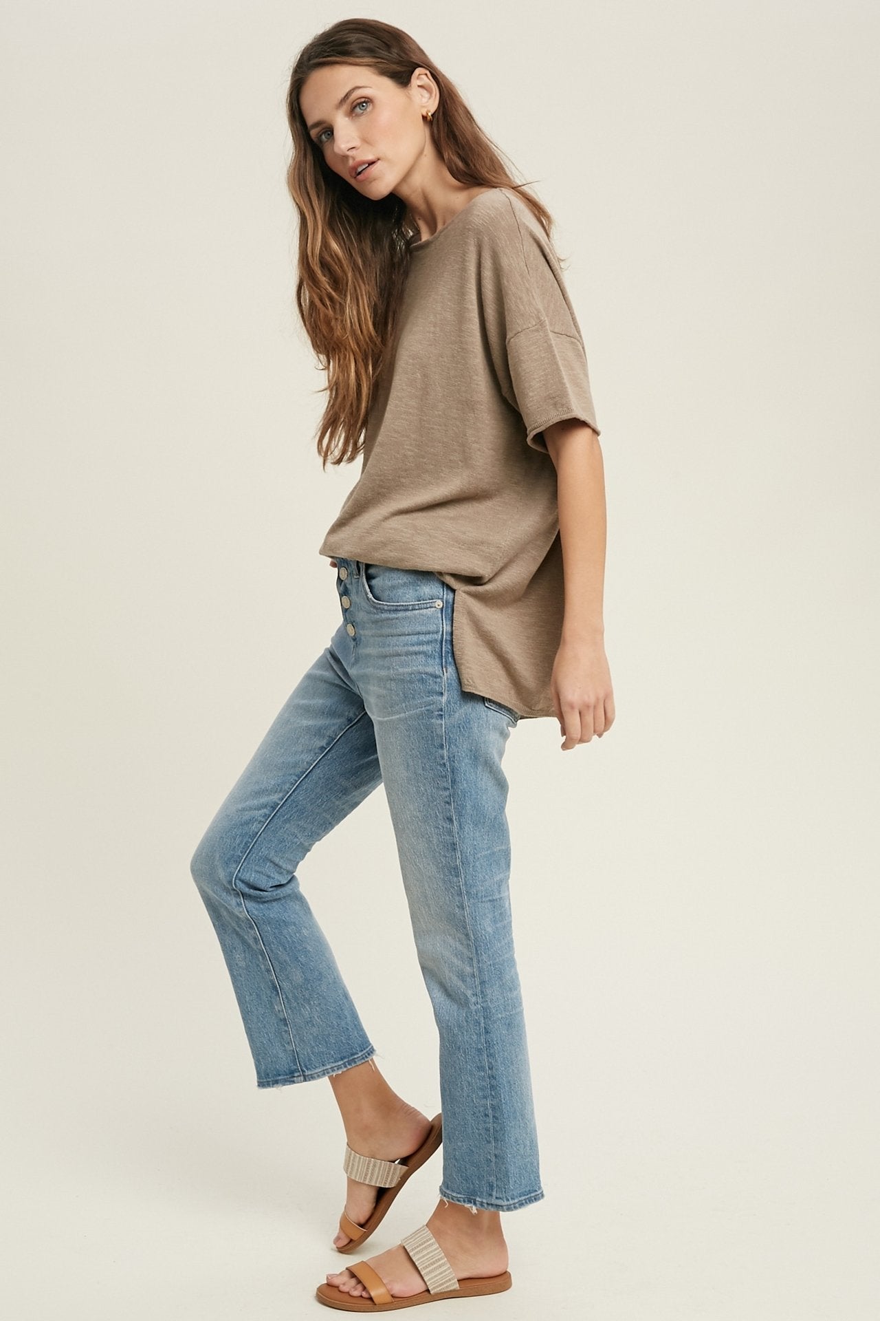 Oversized drop shoulder slub knit top with side slit detail Ivy and Pearl Boutique