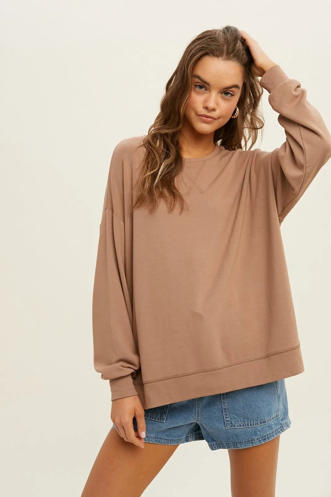 Oversized French Terry sweatshirt with side slits Ivy and Pearl Boutique Mocha M/L