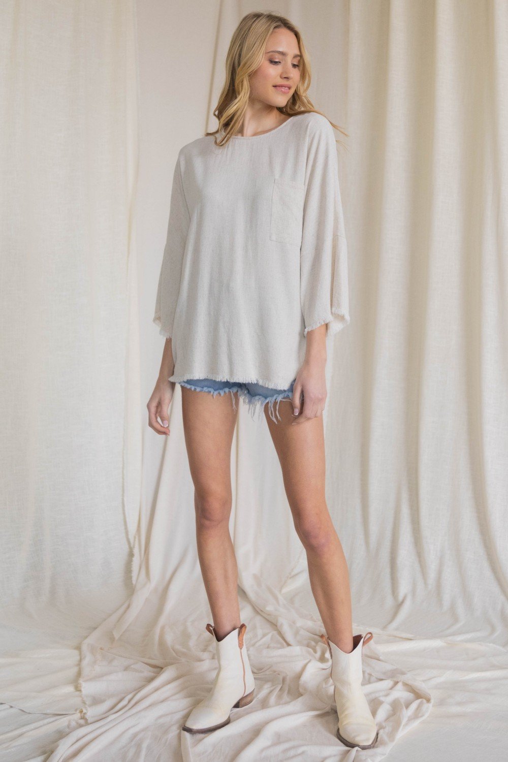 Oversized front pocket linen raw edge top Ivy and Pearl Boutique