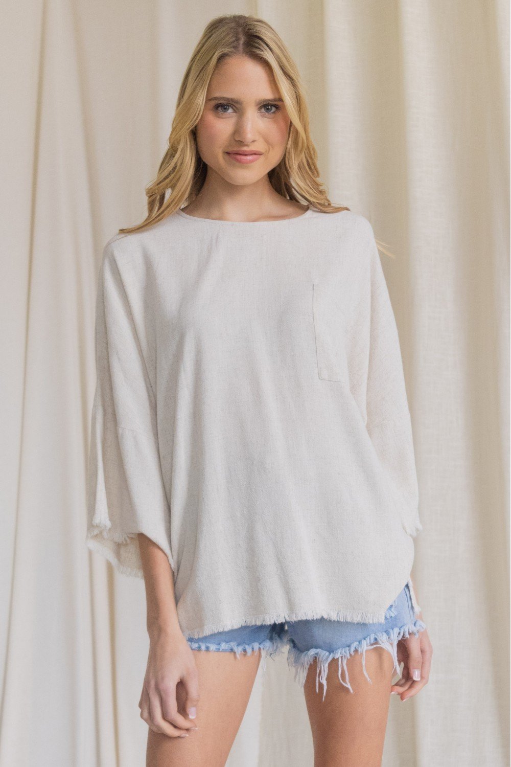 Oversized front pocket linen raw edge top Ivy and Pearl Boutique