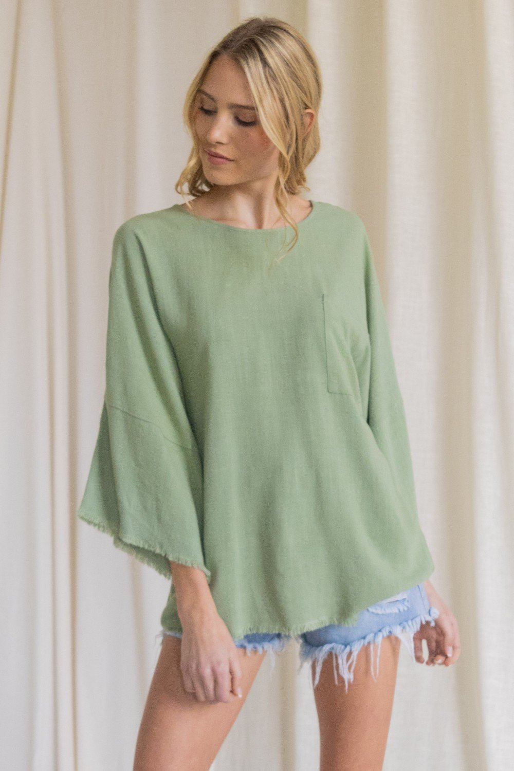 Oversized front pocket linen raw edge top Ivy and Pearl Boutique Green Tea S