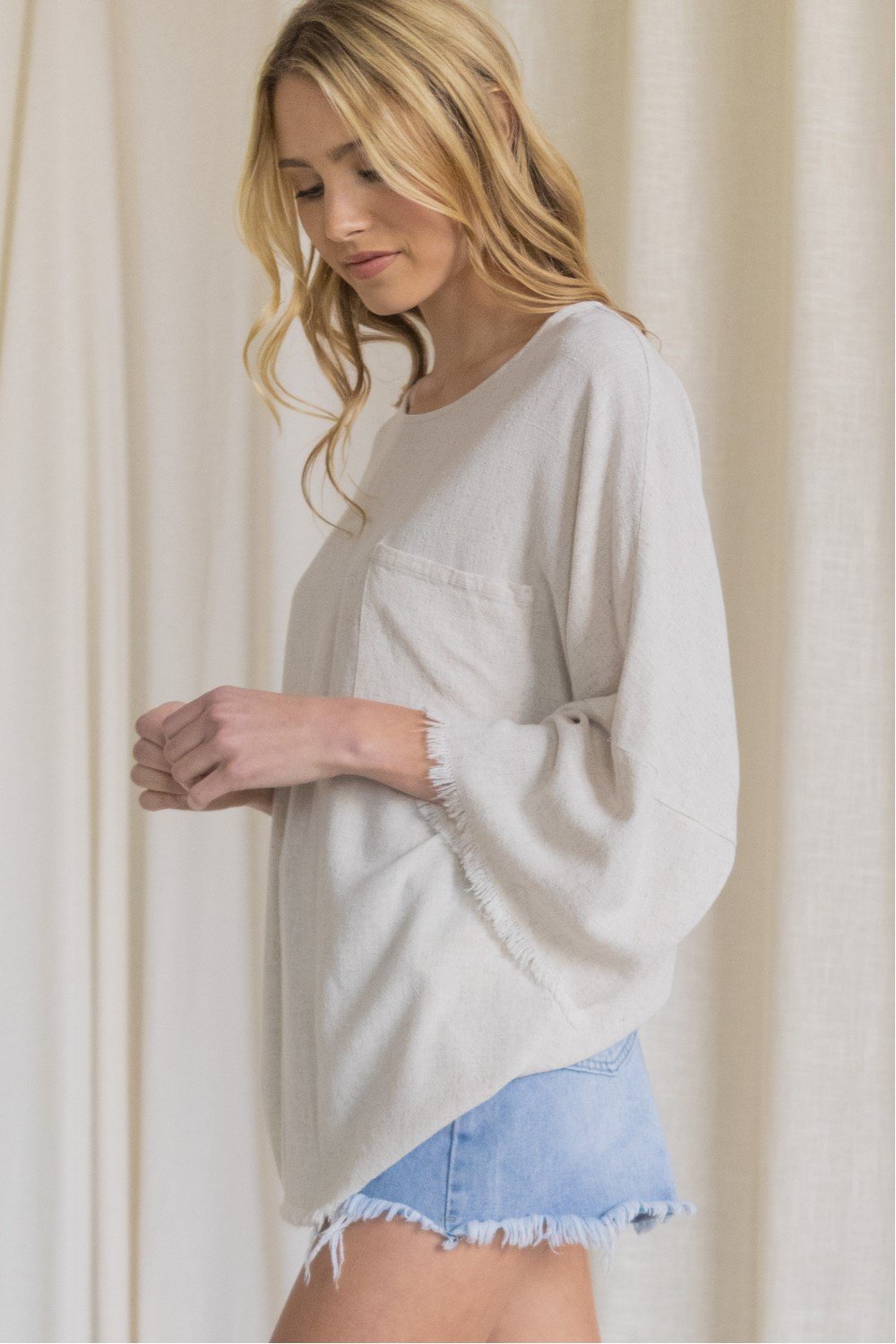 Oversized front pocket linen raw edge top Ivy and Pearl Boutique Natural S
