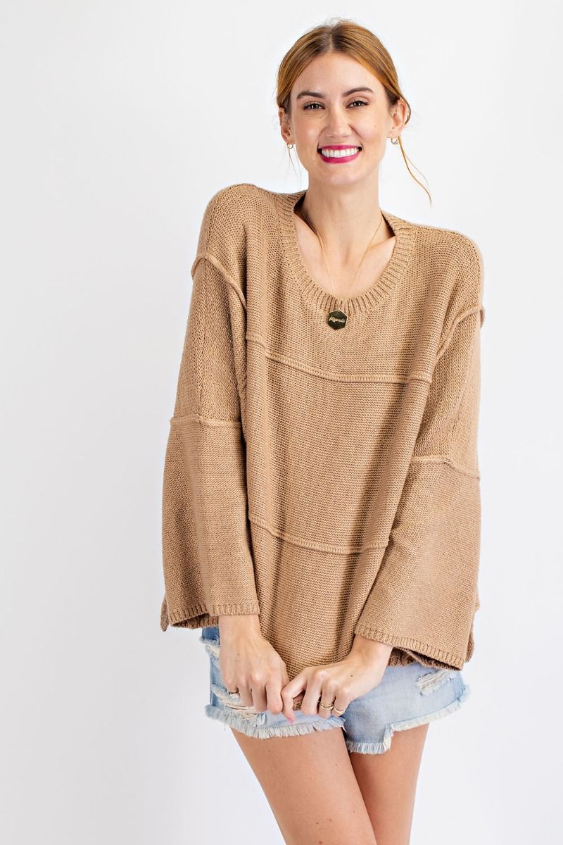 Oversized wide sleeve sweater with rounded neckline Ivy and Pearl Boutique Camel S