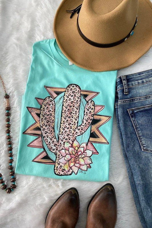 Pink Leopard Cactus Mint T-Shirt  Ivy and Pearl Boutique M