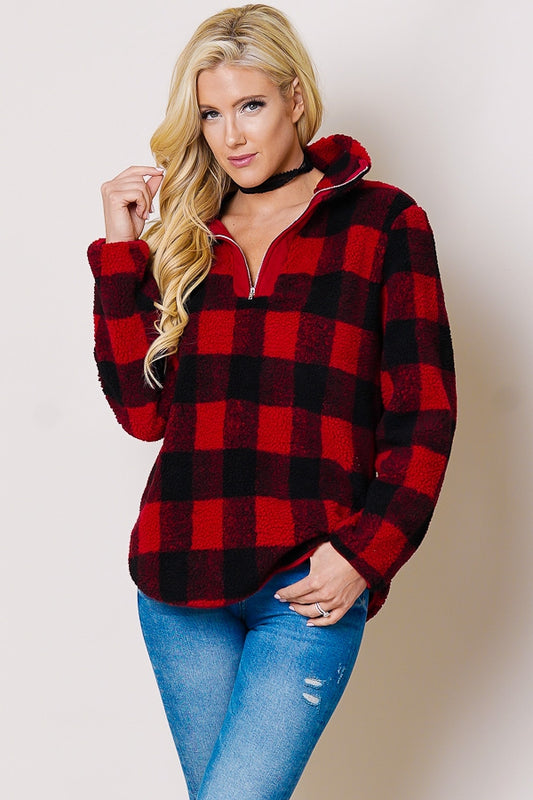 Plaid collared zip-up neck long sleeve sherpa overwear  Ivy and Pearl Boutique Gray S