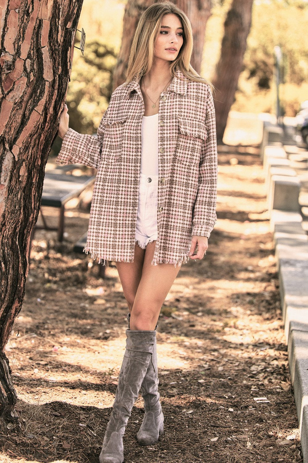 Plaid long sleeve jacket (shacket) with front pocket Ivy and Pearl Boutique