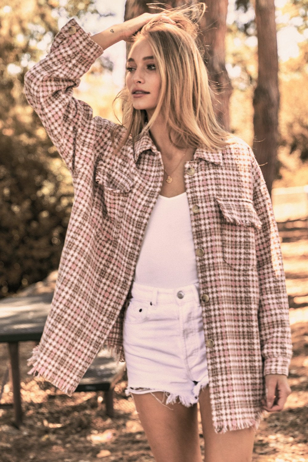 Plaid long sleeve jacket (shacket) with front pocket Ivy and Pearl Boutique