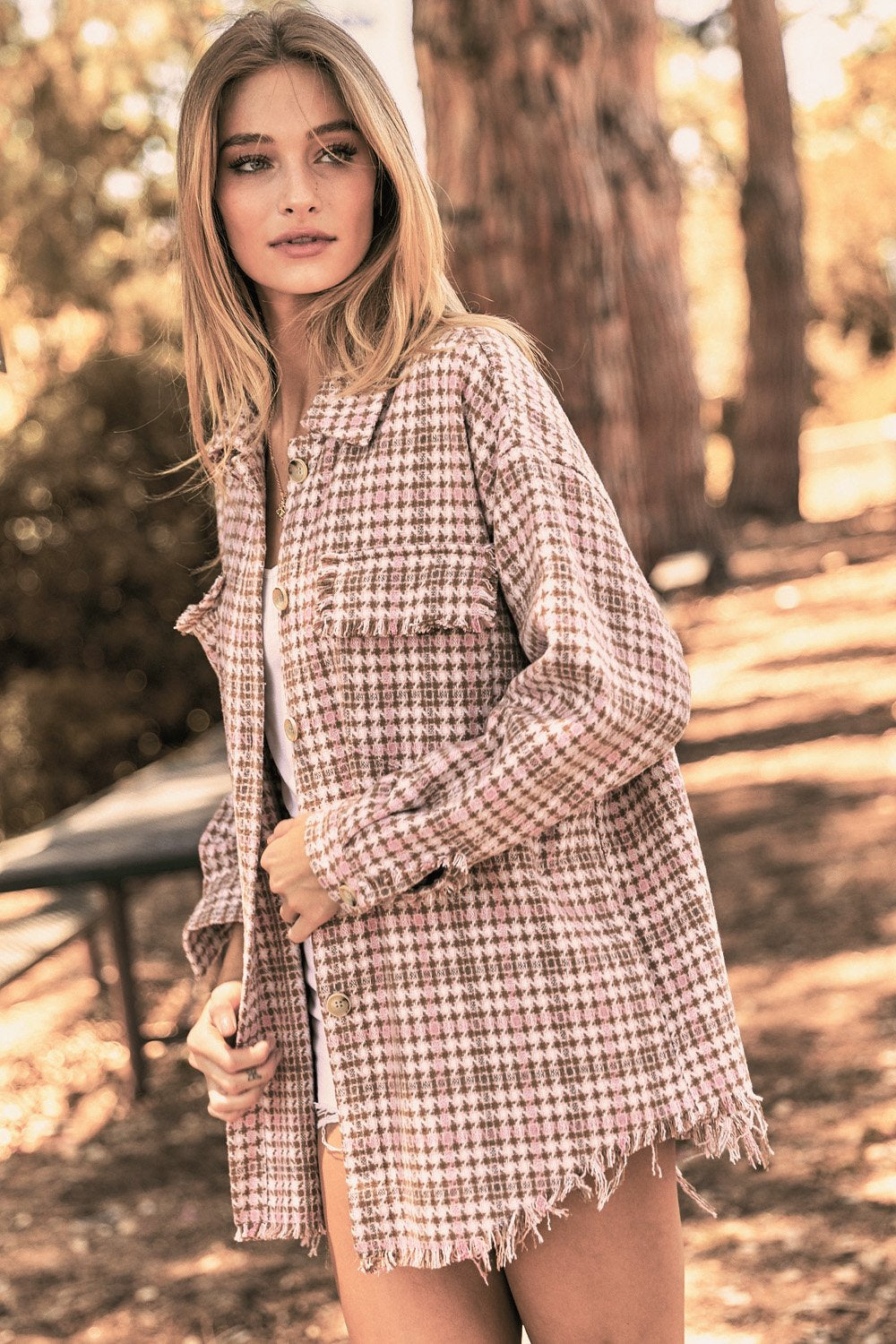Plaid long sleeve jacket (shacket) with front pocket Ivy and Pearl Boutique