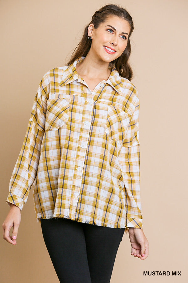 Plaid print long sleeve button front collared top with frayed hem and chest pockets Ivy and Pearl Boutique