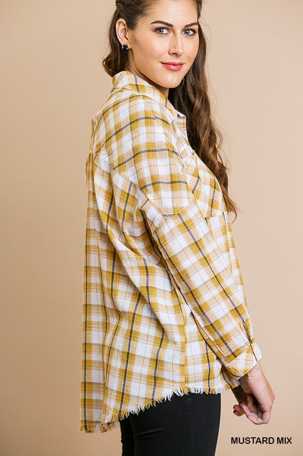 Plaid print long sleeve button front collared top with frayed hem and chest pockets Ivy and Pearl Boutique
