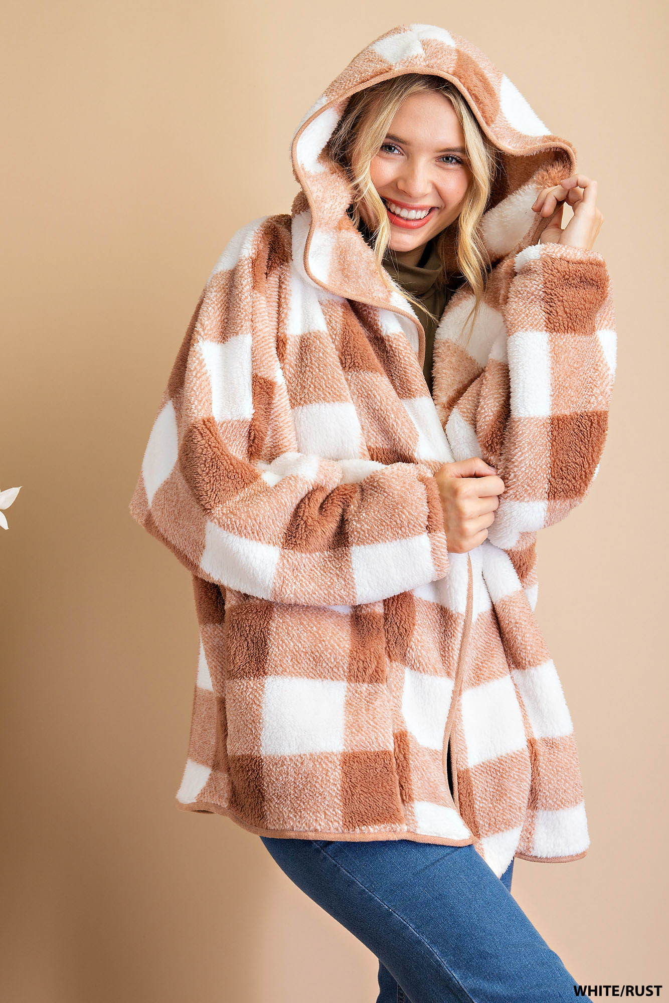 Plaid teddy hoodie jacket Ivy and Pearl Boutique Rust M/L