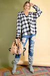 Plaid Button-down hoodie with rounded bottom hem  Ivy and Pearl Boutique